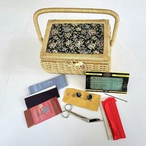 Vintage Wicker Wood Fabric Sew Craft Storage Basket Quilting Needlepoint LOT